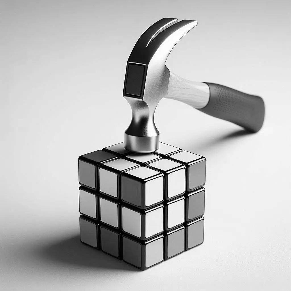 Hammer striking a Rubik's cube — complexity requires the right tool